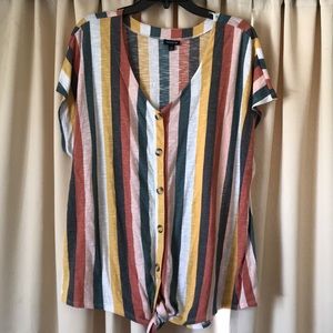MULTI STRIPE SLUB JERSEY TIE FRONT BLOUSE